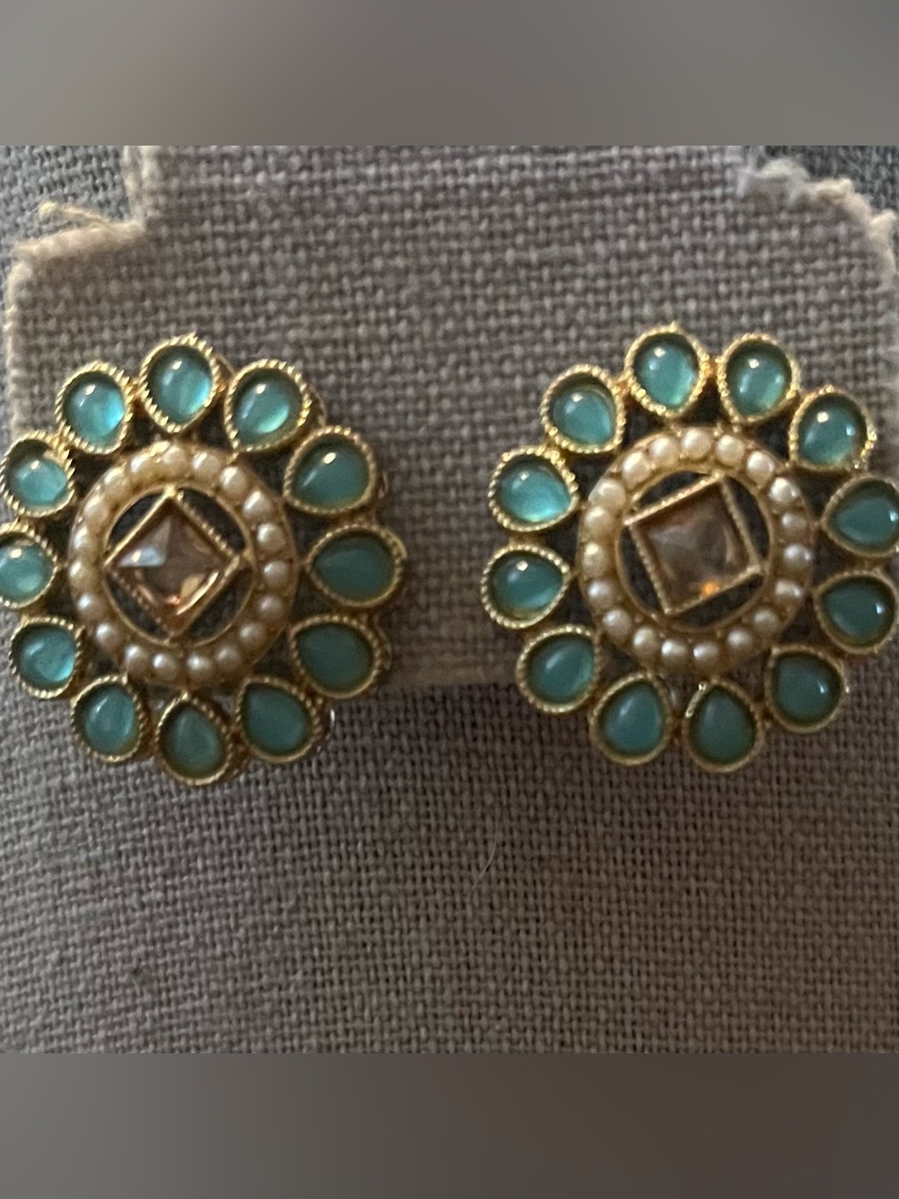 Gold-Tone Turquoise Floral Stud Earrings with Pearl Accents